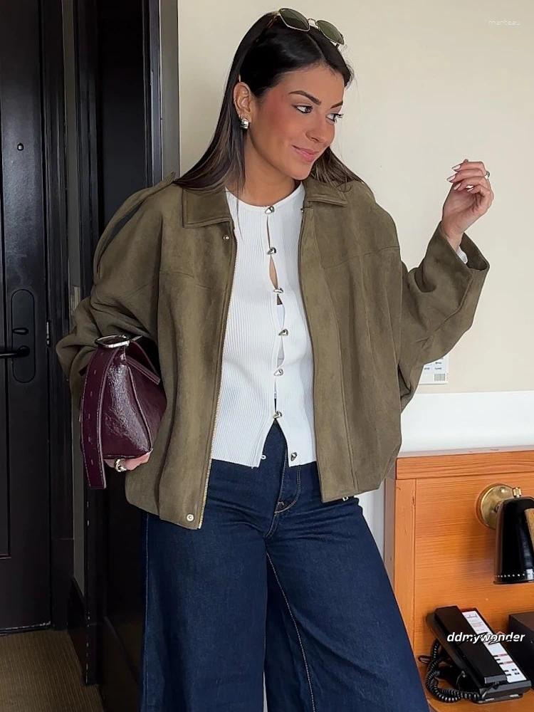 Women's Jackets 2025 Vintage Women Suede Texture Bomber Jacket Female Lapel Zipper Long Sleeve Casual Coat Soild Spring Street ddmywonder