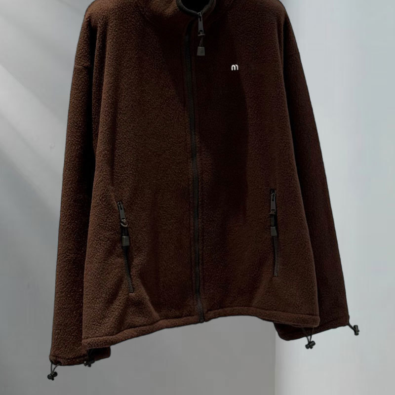 Women's Wool Blend Fleece Zip Up Coat Y2K Designer Elegant Casual Retro Stand Collar Long Sleeve Jacket Two Colors Letter Embroidery Chic Luxury 