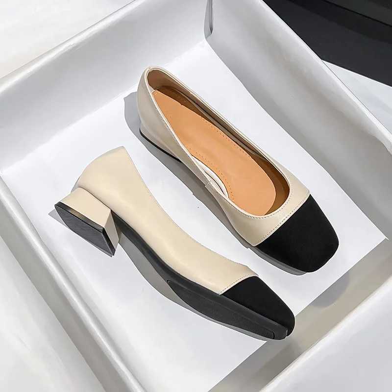 spring autumn genuine leather pumps women black white mixed color thick heel work shoes cowhide escarpin femmes big size 4143 W250910