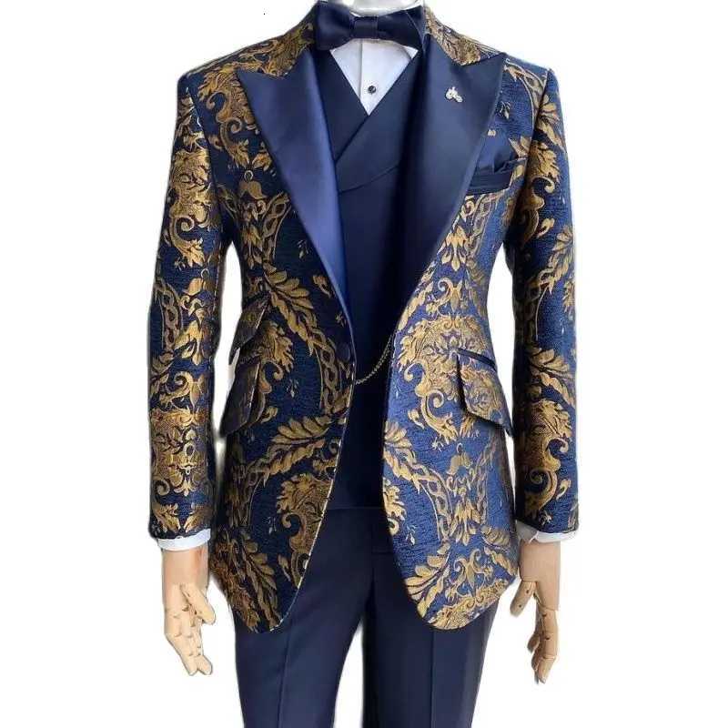 Floral Jacquard Tuxedo Suits for Men Wedding Slim Fit Navy Blue and Gold Gentleman Jacket with Vest Pant 3 Pieces Male Costume W250910