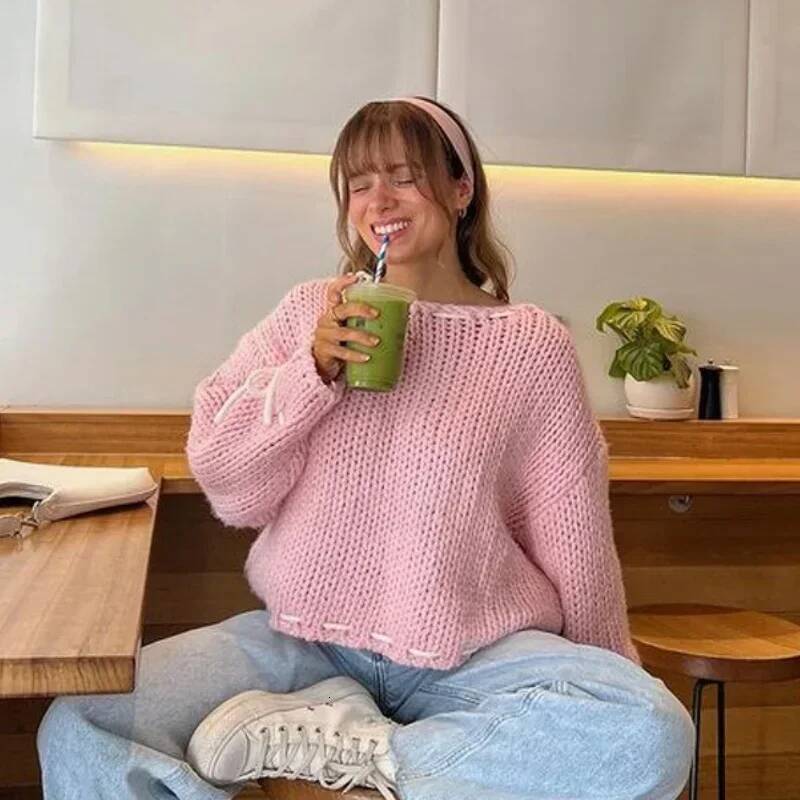 2024 Autumn Winter New Lace Up Knitted Sweater Women Y2K Long Sleeved Pullover Sweaters Female Fashionable Loose Knitwear Tops dongdumaoyi