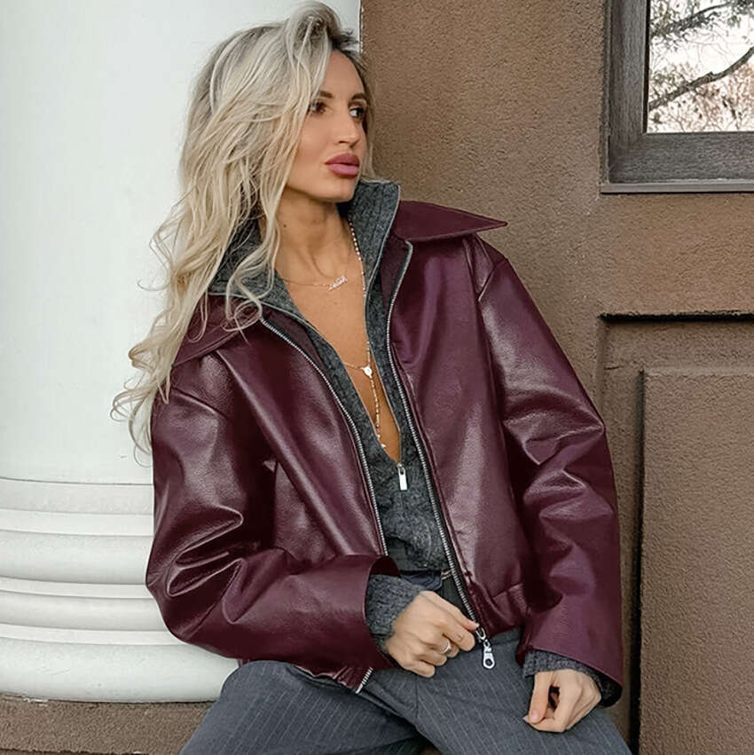 Angora Red Jacket Leather Motorcycle Girl Fashion Coat Autumn Winter New Niche Top Women's Elegant B3
