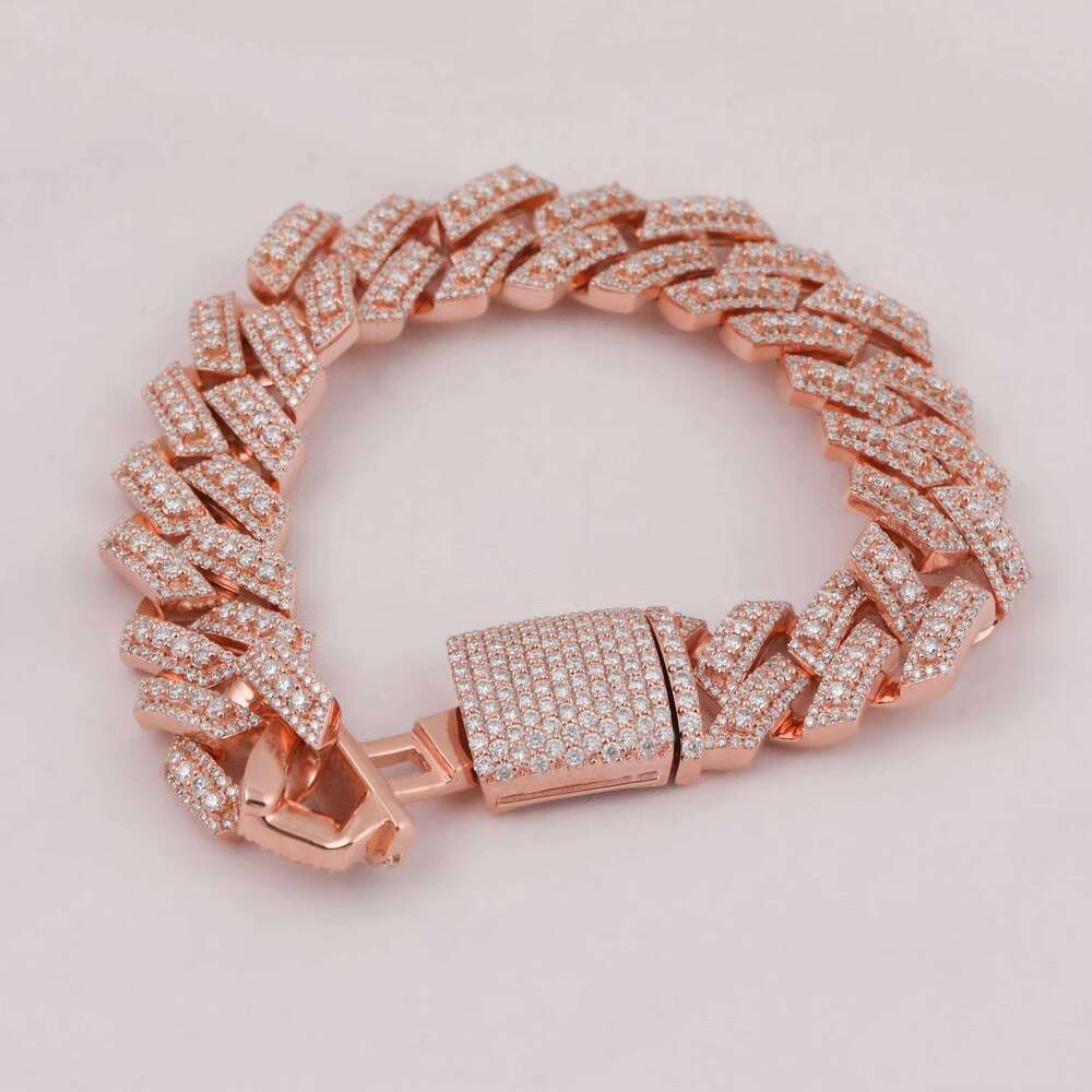 Rose Gold Plated Moissanite Cut Dia Men's Full Iced Cuban Link Chain Bracelet Hip Hop Rapper Style Men Gift