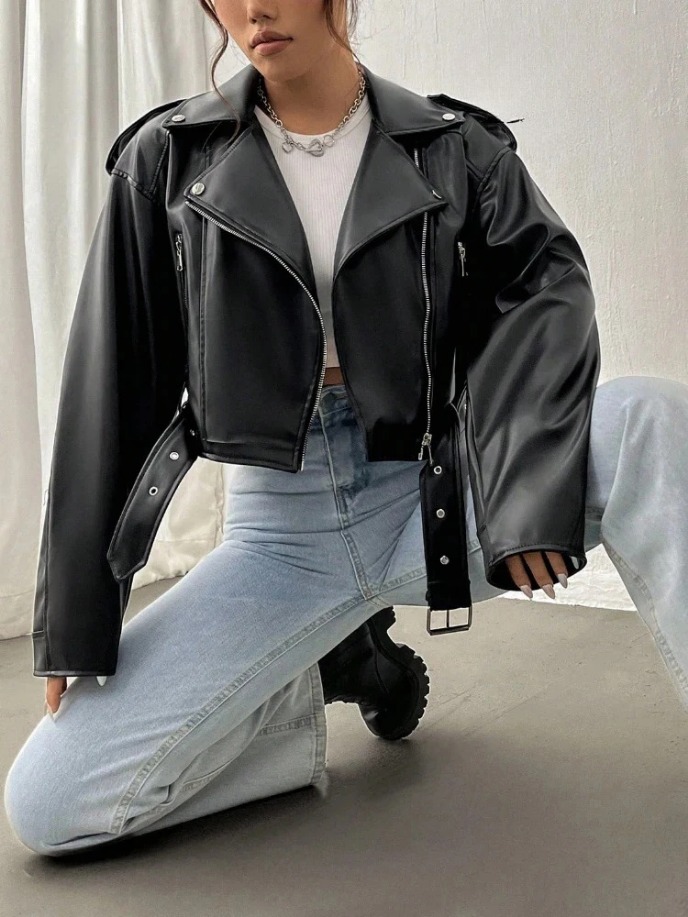 Women's Leather Outerwear Revival Jacket Belt Shoulder Badge Zipper Lapel Jacket Handsome Washed Leather Motorcycle Clothing