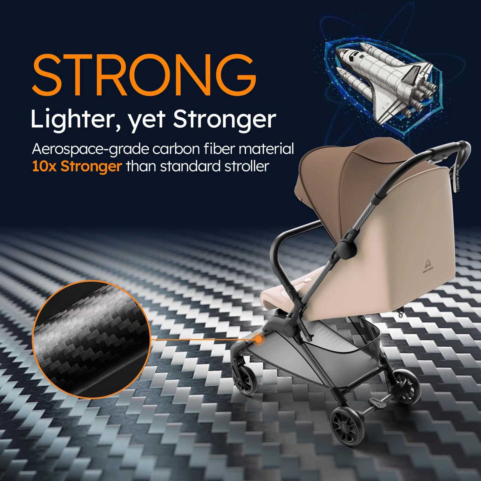 MAMAZING Ultra Air X Lightweight Travel Stroller 99lbs Carbon Fiber with UPF50 Waterproof Fabric BROWN W250910