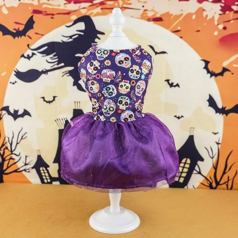 Halloween Dog Dress with Double-Layer Mesh Skirt Pumpkin & Colorful Skull Prints for Dogs 2-14kg Perfect for Halloween Parties Themed Events & Daily W