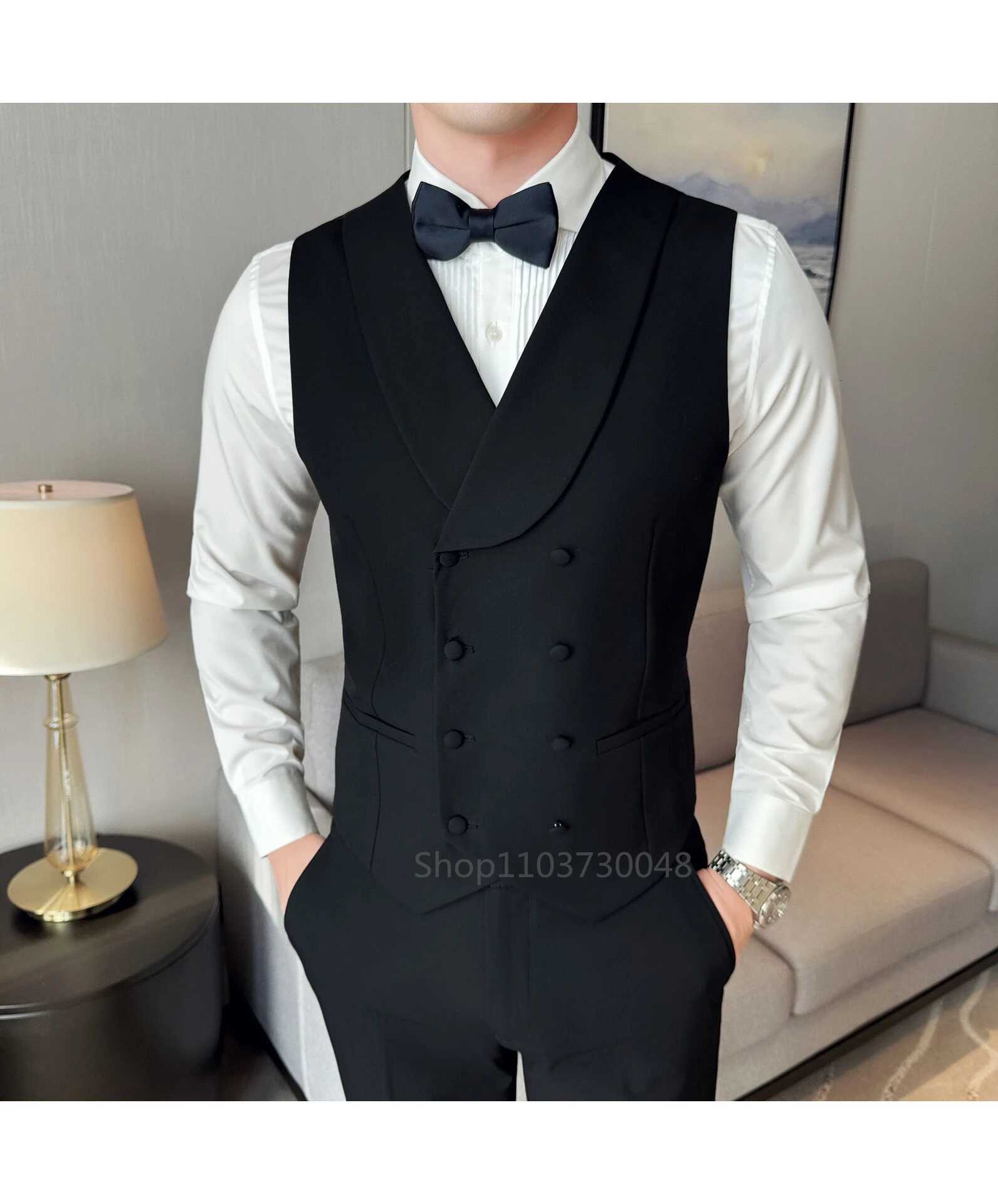 Black Mens 3 Pieces Suit Peak Lapel Double Breasted Jacket Vest Pants Wedding Groom Tuxedos Slim Fit Formal Business Suits W250910
