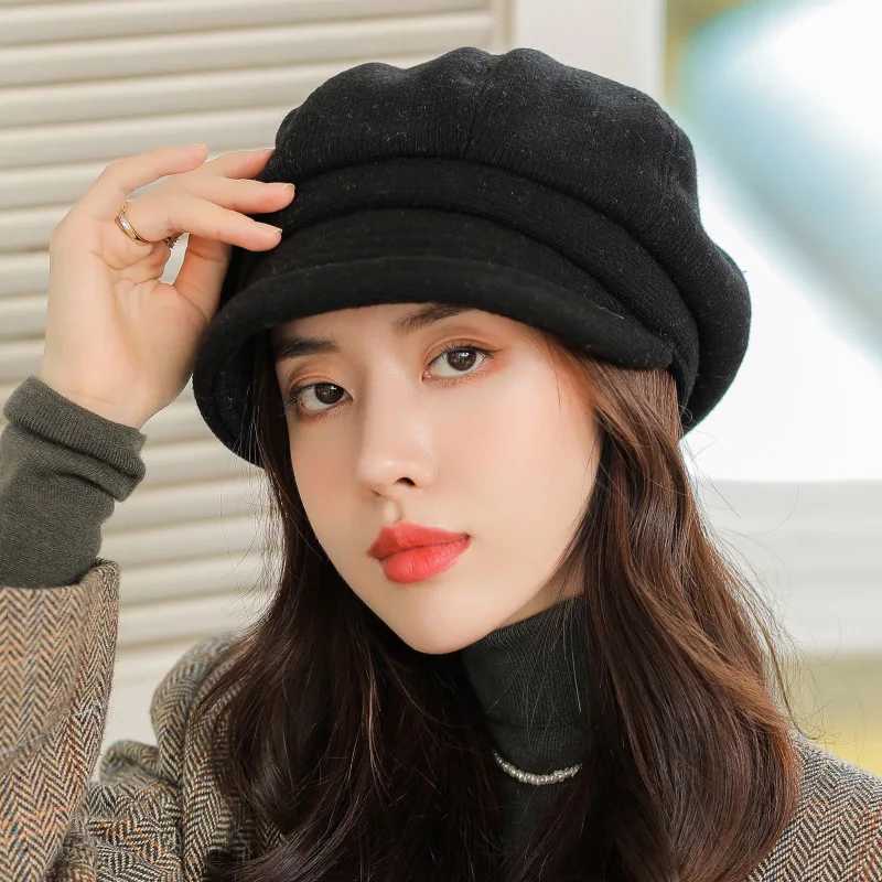 Wens Beret Hat Trendy Japanese Sty Furry Octagon Chic Thick Warm Rold Brim Solid Color Autumn Winter Daily Casual G250910
