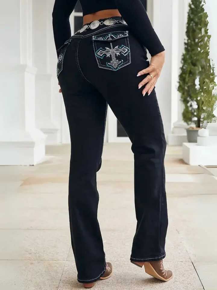 HMEWomenS HighWaist Bootcut Jeans with Geometric Embroidery BuiltIn Zipper Stretch Denim Slim Fit MultiButton Detail Z250910