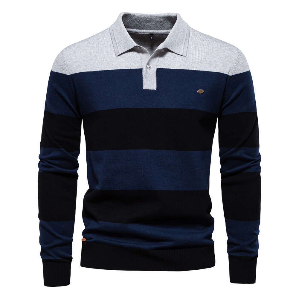 2024 Autumn New Long Sleeve Polo Collar Slim Fit Lapel Striped Patchwork Men's European Size Knitted Sweater