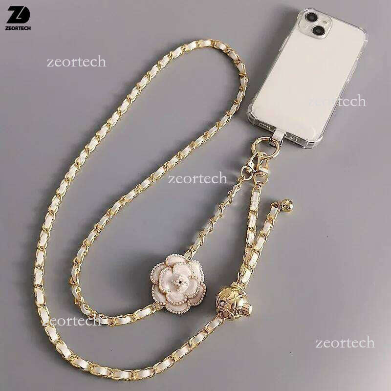 iPhone Cell Accessories phone lanyard Adjustable Round Ball CrossbodyTelescopic Buckle Camellia Phone Lanyard Pickup Neck Bag Metal Chain Mobile