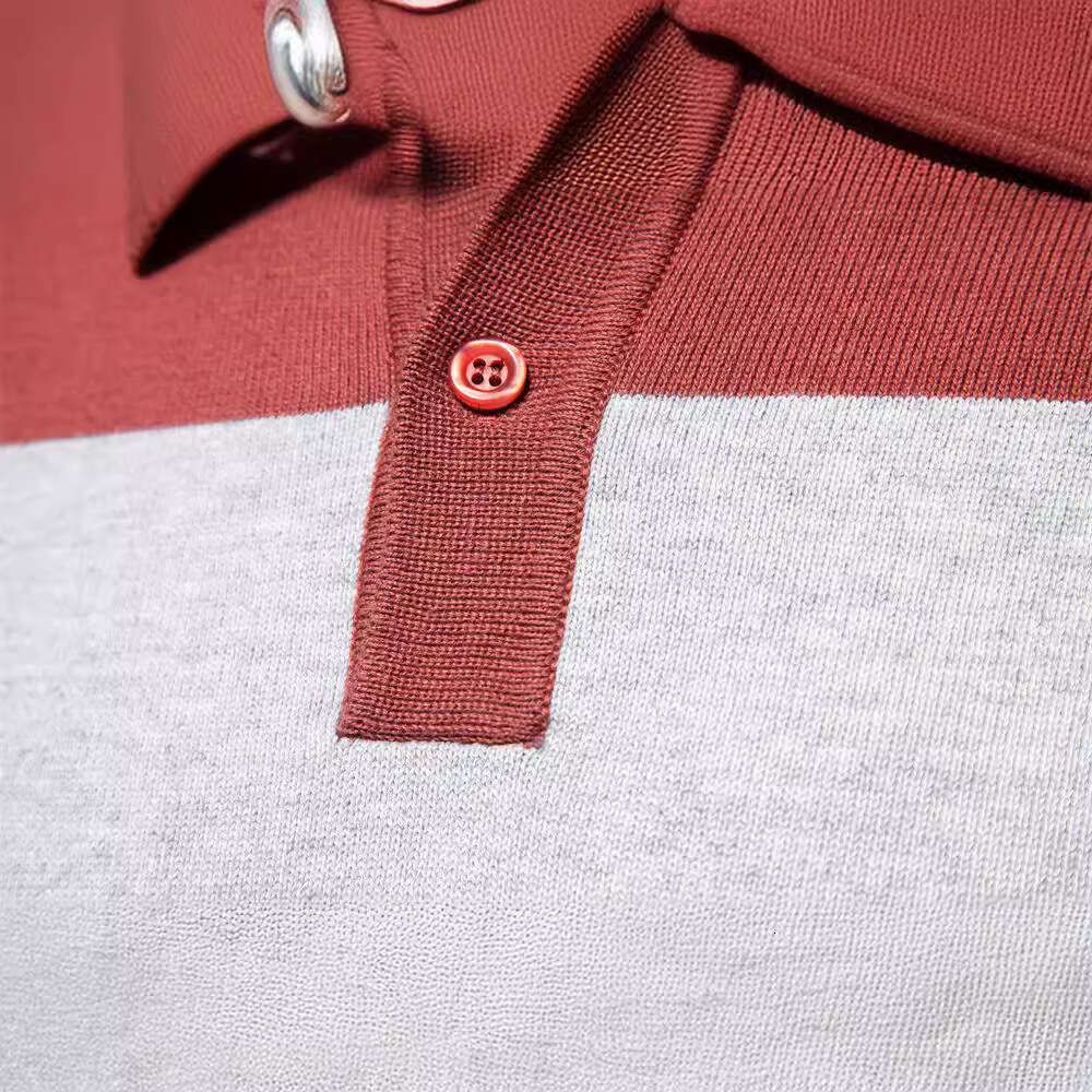 2024 Autumn New Long Sleeve Polo Collar Slim Fit Lapel Striped Patchwork Men's European Size Knitted Sweater
