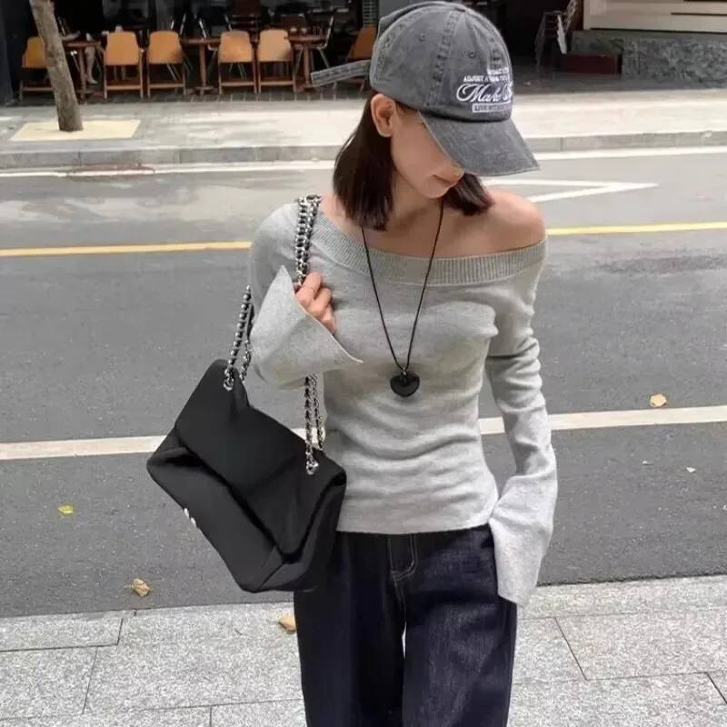 Sexy Pullovers Women Off Shoulder Cropped Knitted Basic Clothes Autumn All-match Side Slit Simple Tender Slim Gentle Seductive dongdumaoyi