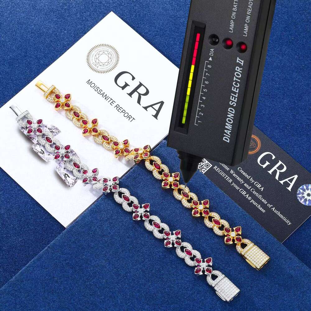 Fine Jewelry Men 10mm 14mm Sterling Sier VVS Moissanite Dia Colorful Moissanite Four Leaf Clover Infinity Link Bracelet