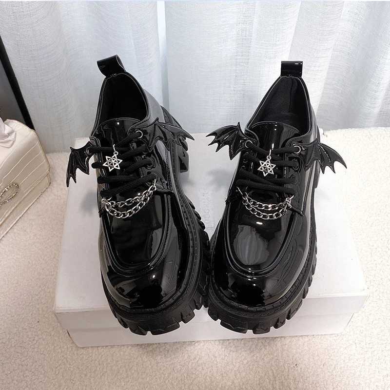 Devil Batwing Mary jane Lolita aesthetic shoes Highheeled shoes and Black Gothic Shoes Punk Metal Chain Womens W250910