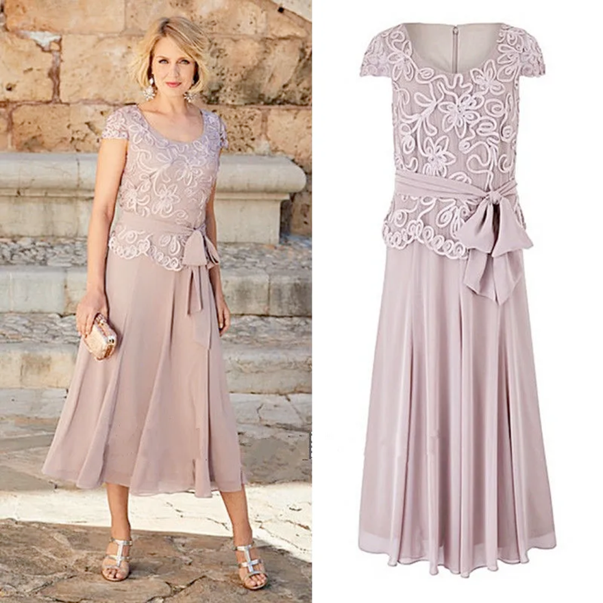 2025 A Line Mother Of The Bride Dresses Tea Length Scoop Neck Lace Party Dress For Mothers Groom Formal Wear