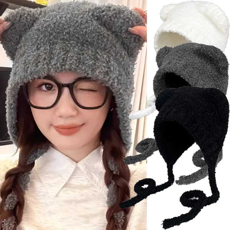 Plush Bear Ear Wool Hat Cold Proof Thick Beanie Warm Woolen Bonnet Soft Knitting Cs Winter Outdoor Shopping Knitted Str HatsXJ250910