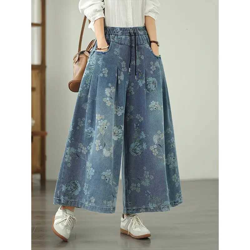 Printed Jeans For Women 2025 Autumn Vintage Extended Elastic Waist Loose Denim Casual Jeans Straight Wideleg Pants Z250910