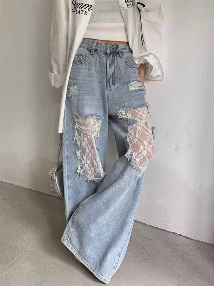 2025 Womens Y2K American Style High Waist Lace Spliced Denim Pants Loose Wide Leg Trousers Fashion Hottie Hole Patchwork Jeans Z250910