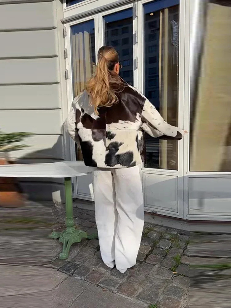 Fashion Vintage Cow Printed Jacket Women Full Sleeve Irregular Lapel Patchwork Jackets 2025 Female Autumn Daily Casual Outerwear 250910
