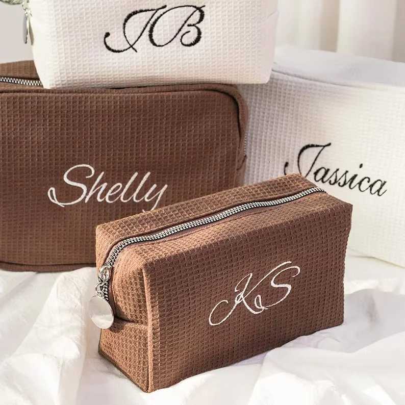 Embroidered Personalized Waffle Cosmetic Bag Custom Name Toiletry Bag Initials Makeup Bag EcoFriendly Monogram Makeup BagXJ250910