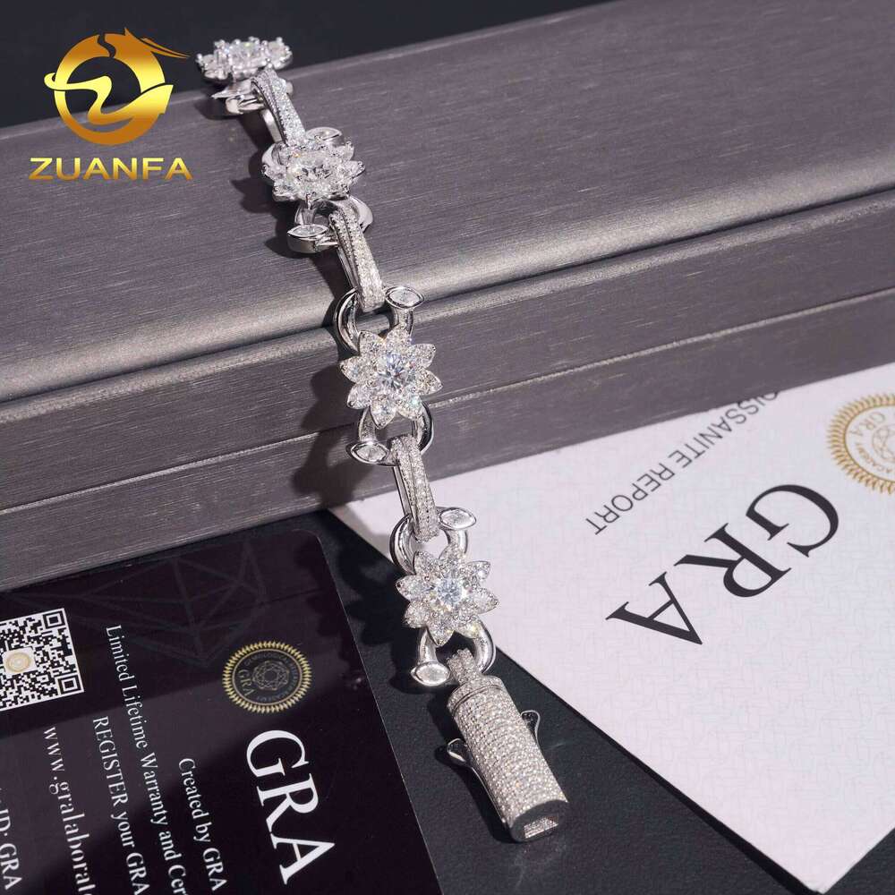 Hip Hop Jewelry 13mm Flower and Leaf VVS Cuban Link Sier Moissanite Iced Out Bracelet for Men Women