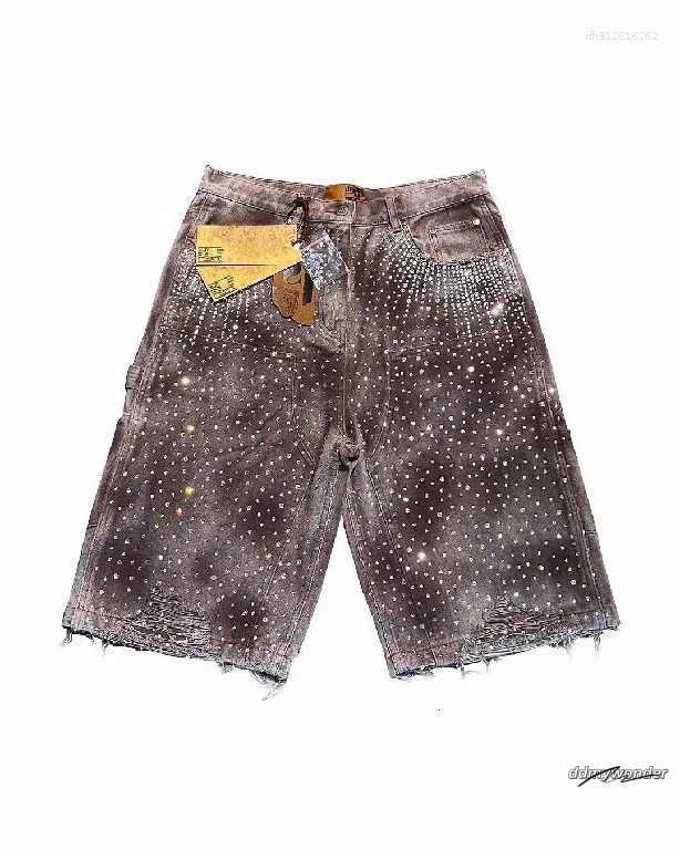 Baggy Denim Shorts For Men - Rhinestone Detail Streetwear Jeans Shorts, High Waist Casual ddmywonder ddmywonder ddmywonder