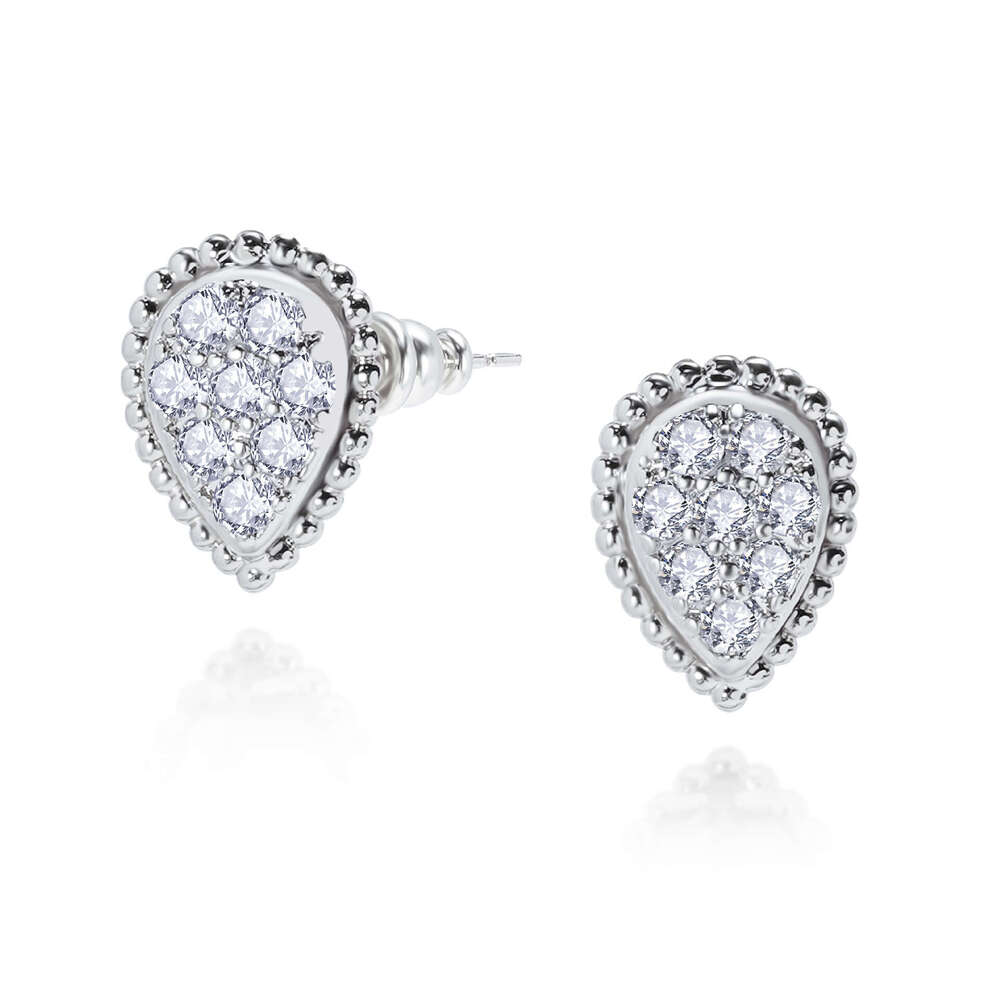 Full Dia Beaded Water Drop Single Flower Brass Electroplated Inlaid Zircon French Minimalist Design Earrings