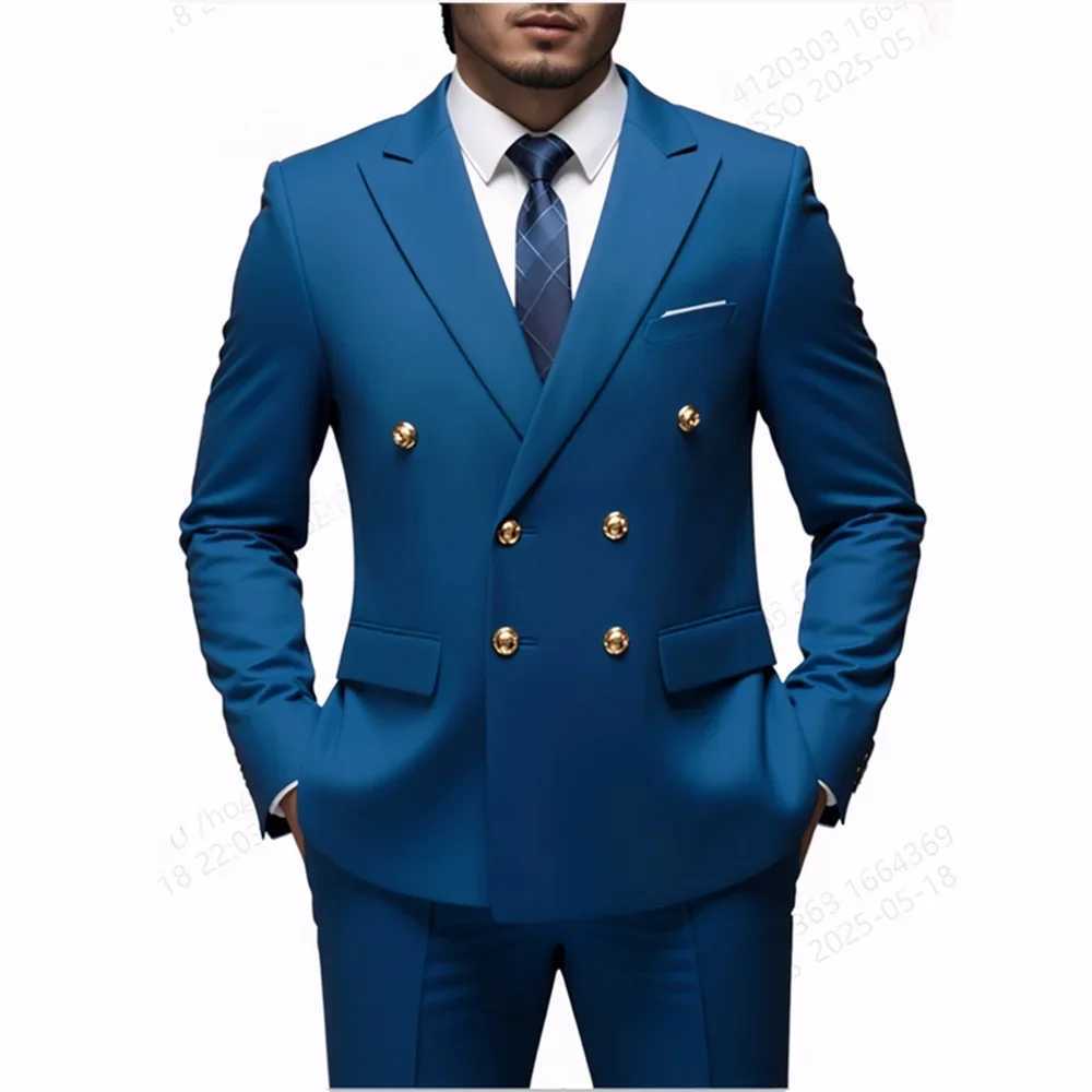 Men Double Breasted Suit Black Slim Fit High Quality Wedding Costume Party Prom Gold Button Male Suits W250910