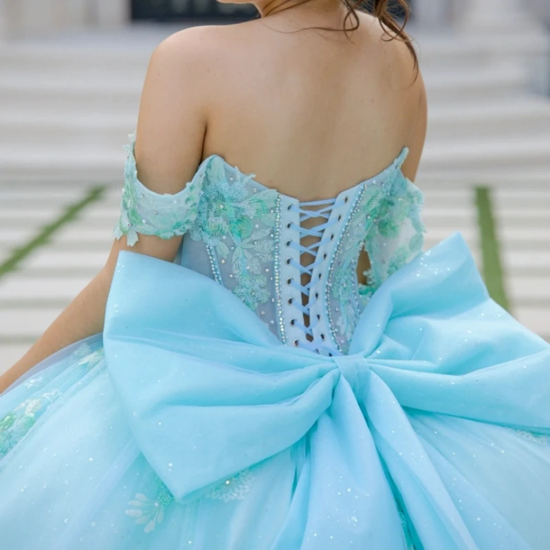 Light Blue Shiny Quinceanera Dresses Ball Gown Off The Shoulder Applique Lace Beads Bow Corset Party Birthday Tull Sweet 16 Dress Vestidos 15 De Anos