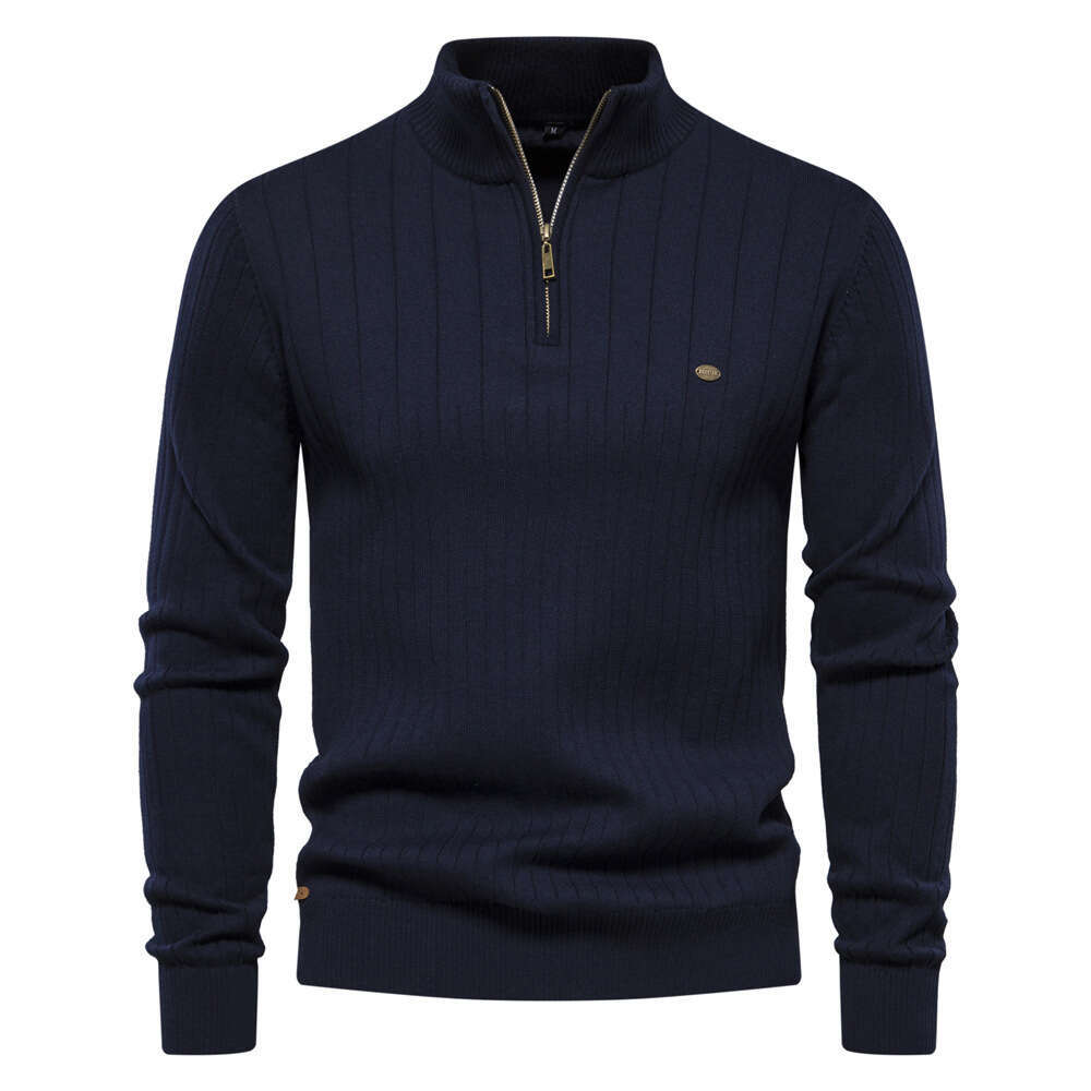 New Autumn and Winter European Style Stand Up Collar Sweater with Half Zipper, Solid Color Knit Sweater, High-Quality Men's Clothing