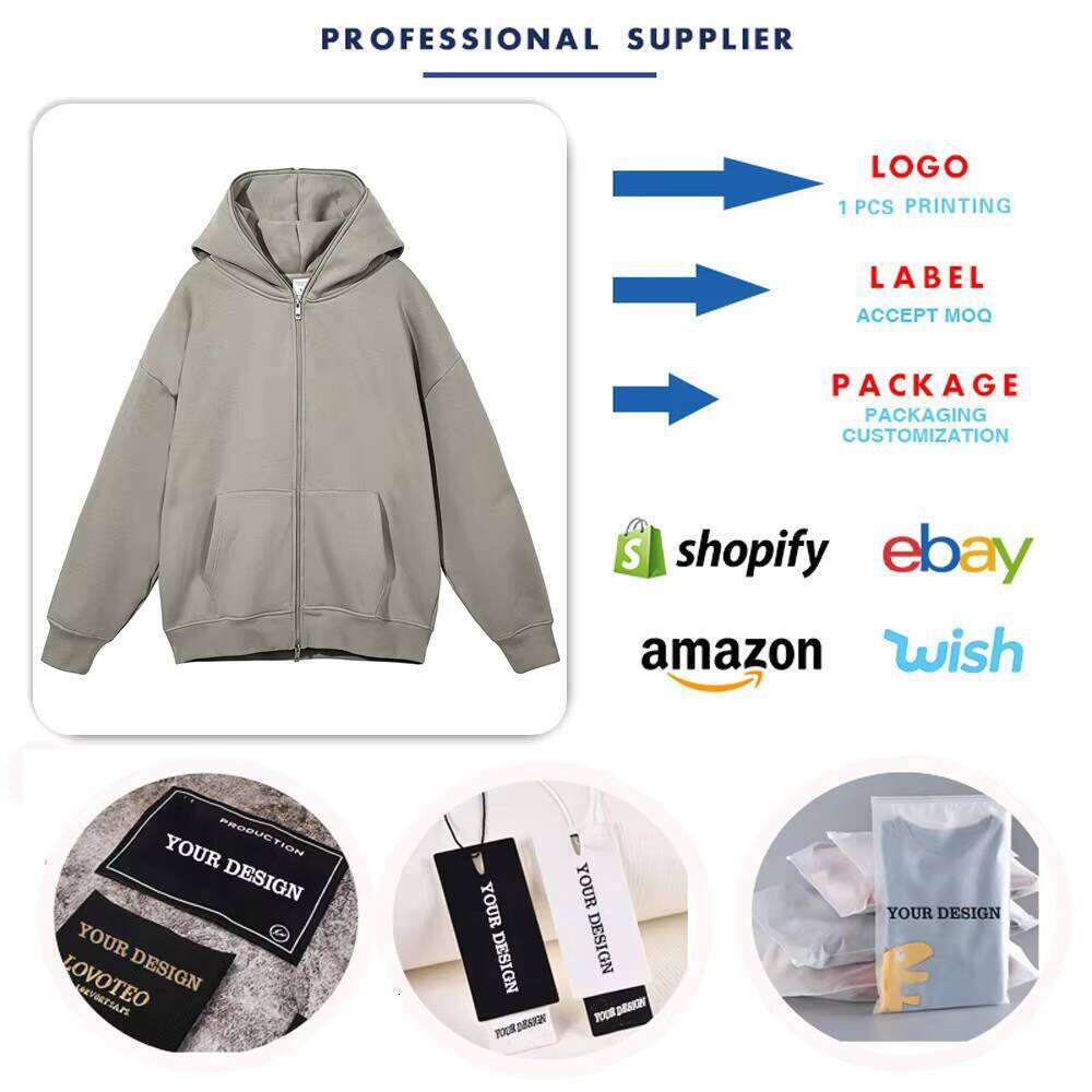 Cotton Blank Drop Shoulder Wool Oversized Full Face Zipper Hoodie for Men