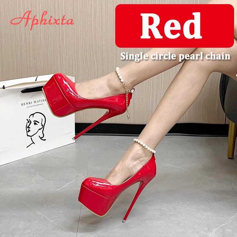 Aphixta Pearl Chain Party Disco Dance Pumps Women 55cm Platform Belt Pimp Buckle 16cm Super High Thin Heels Shoes Big Size 50 W250910