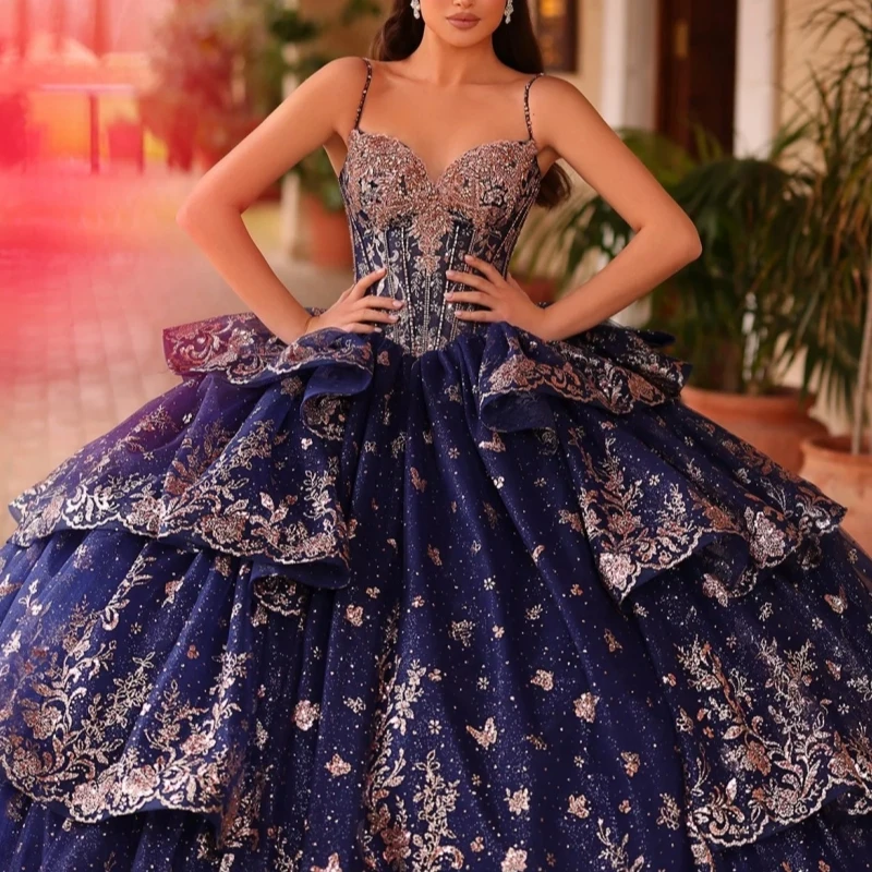 Navy Blue Quinceanera Dresses Ball Gown Spaghetti Strap Lace Beading Crystal Tiered Tull Sweet 16 Dress Vestidos 15 De Anos