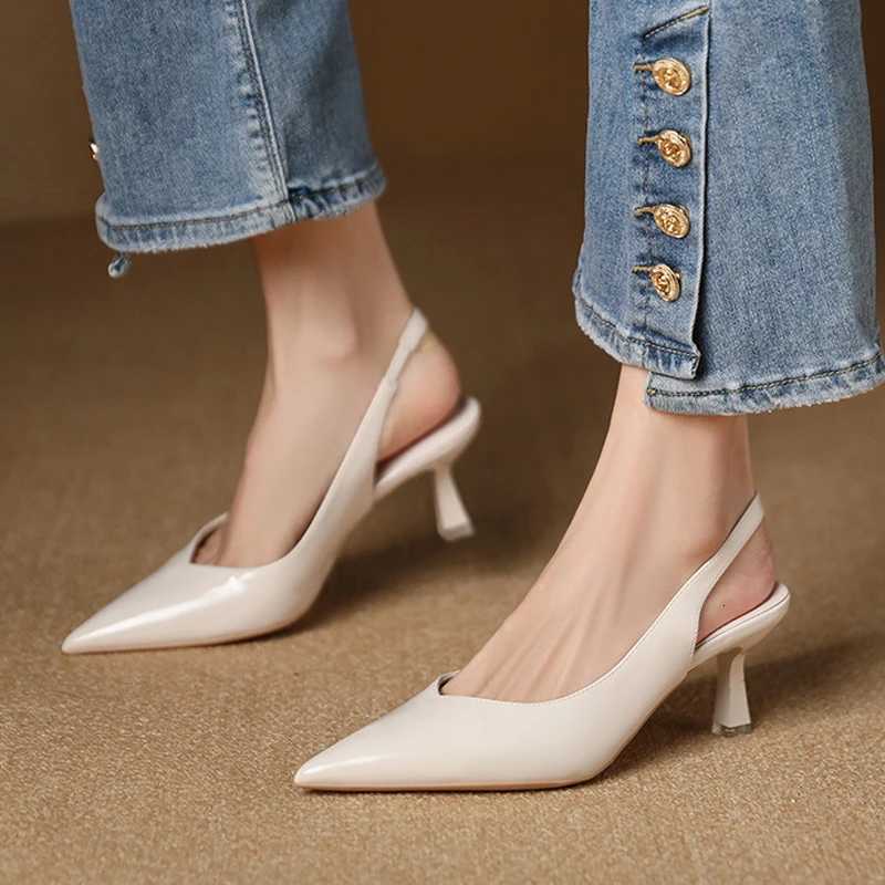 Elegant Slingback High Heels Sandals Woman RearStrap Shoes Ladies Office Dress Shiny Leather Pumps Pointed Toe CutOut Tacones W250910