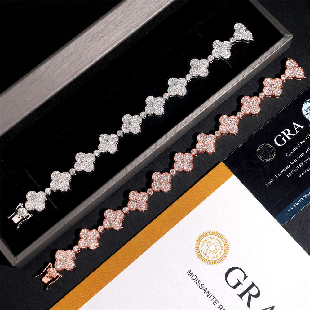 Exquisite Sier Inlaid VVS Mosang Full Niche Bracelet 15mm Trendy Fencke Four-leaf Clover Moissanite for Foreign Trade
