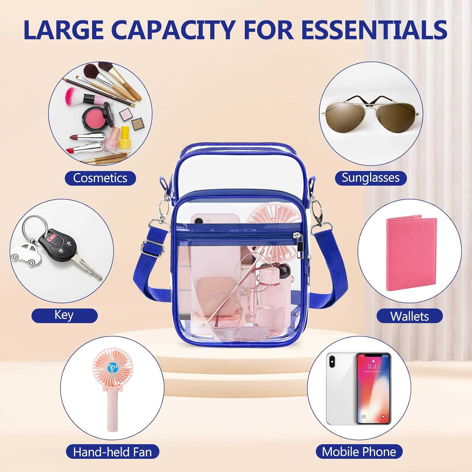 Clear Crossbody Bag with Adjustable Shoulder Strap Stadium Approved PVC Purse Bag Messenger Bag M250910