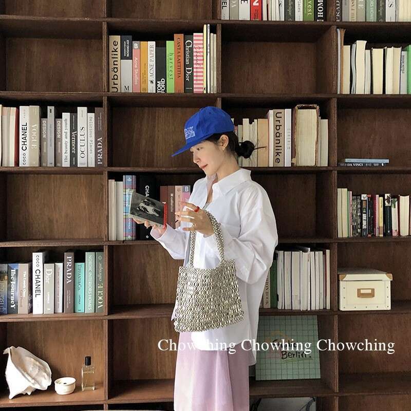 Style Fashion Handwoven Handbag Summer Trendy Stylish silver Shiny Versatile Beaded Ins Shoulder Bag
