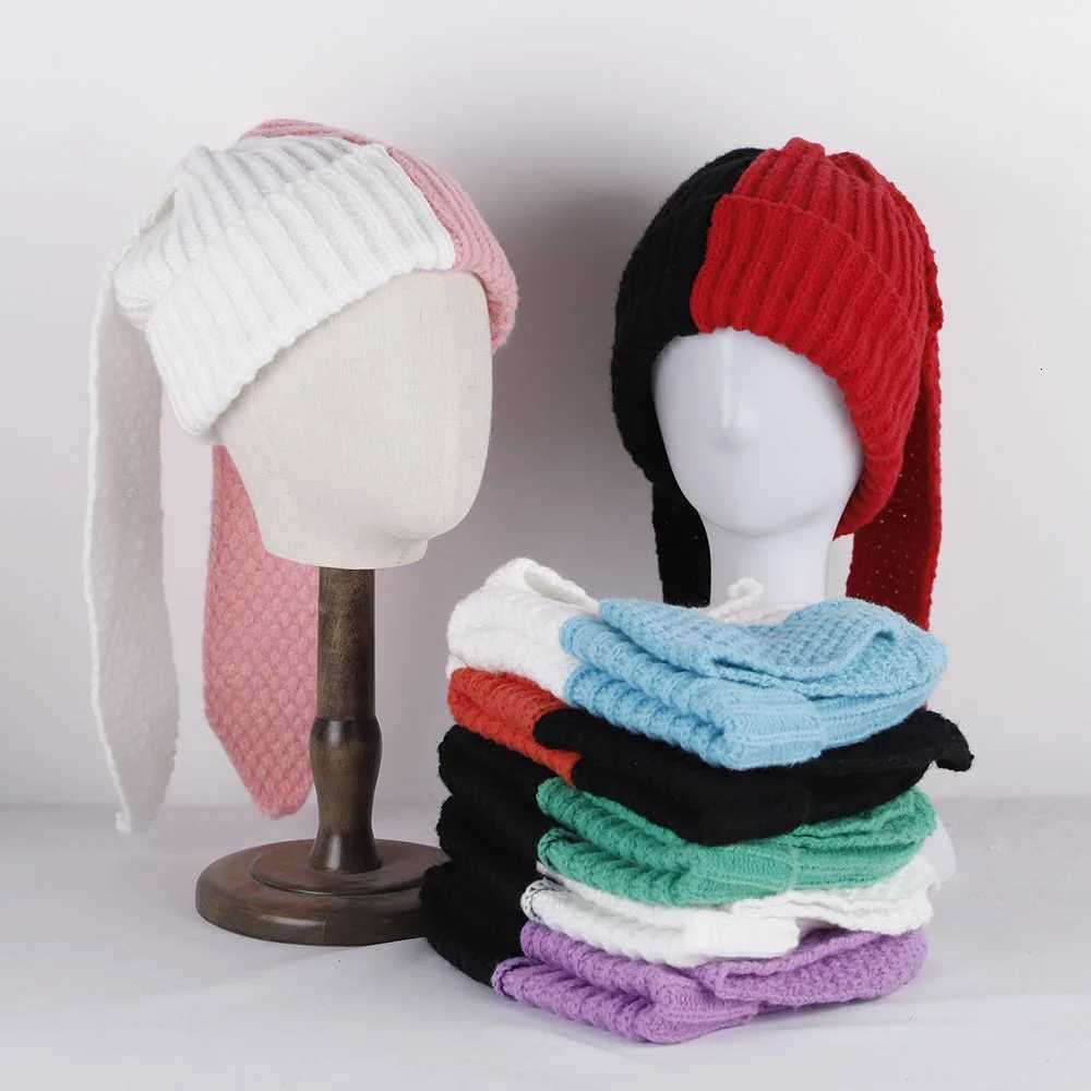 2023 Splicing colors Rabbit Ears Knitted Hat Niche Design Personality Fashion Hat Men Women Cute Warm Autumn and Winter Tide HatXJ250910