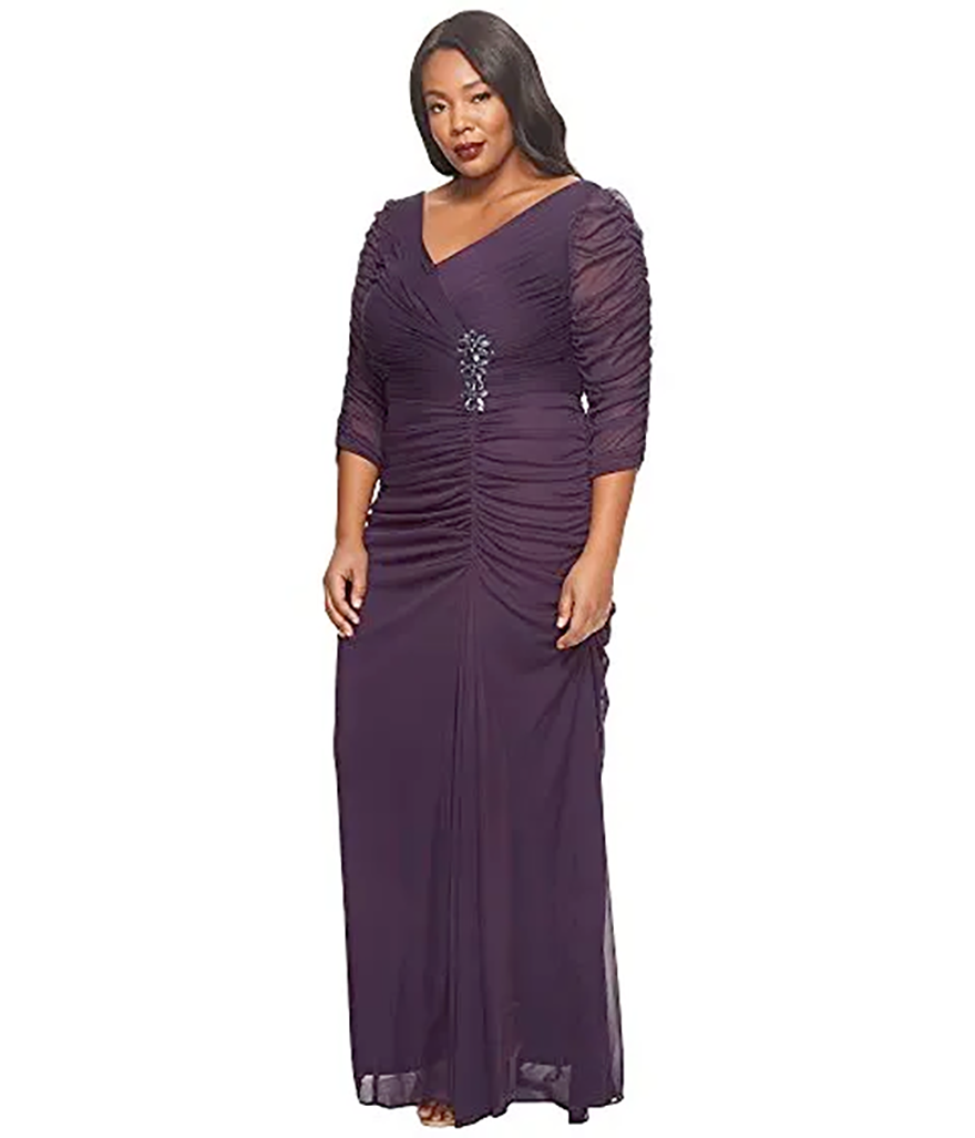 Sexy Dark Purple Plus Size 3 4 Sleeve Mother Of The Bride Dresses Beaded V Neck Side Drape Long Sheath Formal Gown Cheap Custom Made