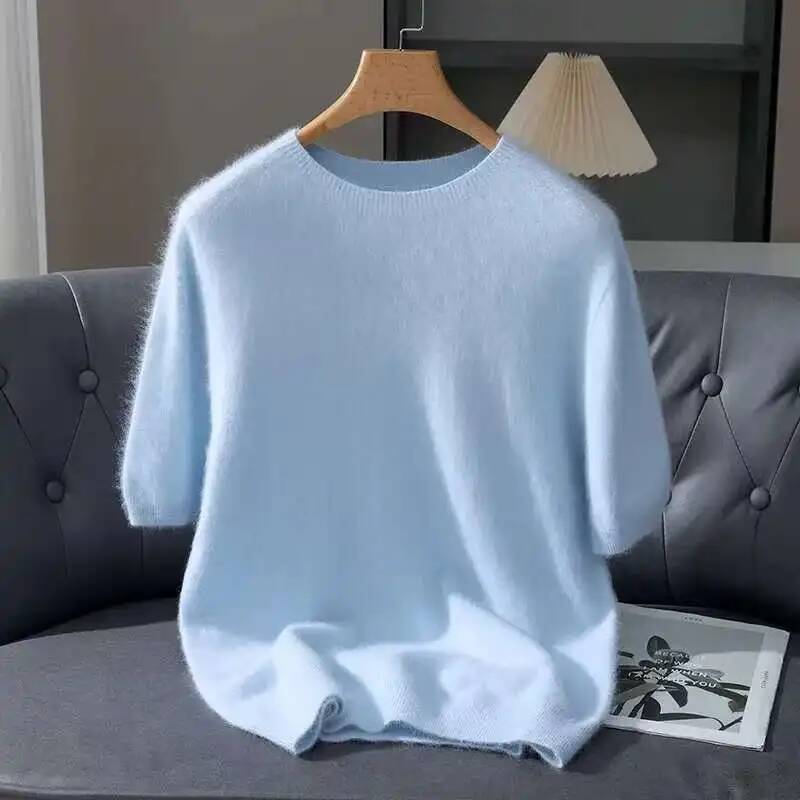100% Mink Cashmere Knit Sweater Men's T-Shirt Spring Summer Loose O-Neck Solid Color Casual Business Base Pullover Short Sleeve dongdumaoyi