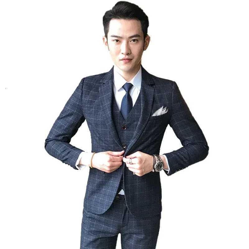 Jacket Vest Pants Mens Suit 3 Piece Fashion Boutique Plaid Wedding Business Casual Men Blazer Wedding Party Dress Suits W250910