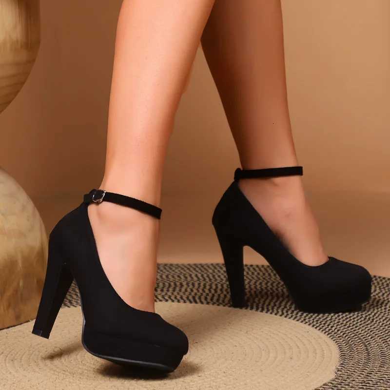 Spring Women Pumps Flock Sweet Thick High Heels Ankle Strap Female Platform Classic Round Toe Dress Cute Shoes Ladies Footwear W250910