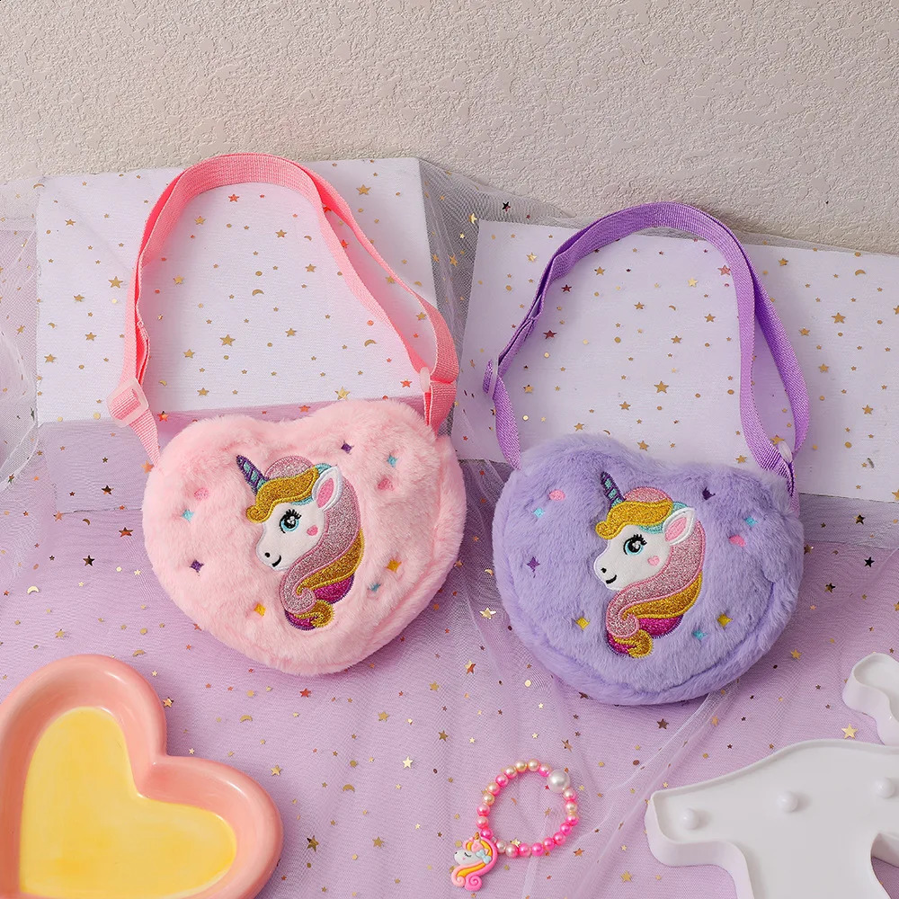 Lovely Heart Shape Handbags For Girls Embroidery Unicorn Kids Shoulder Bag Baby Girl Mini Purse 250909
