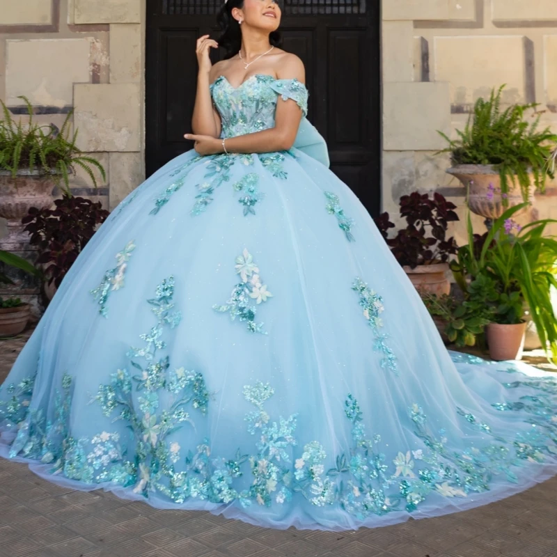 Water Blue Shiny Quinceanera Dresses Ball Gown Off The Shoulder Sequin Applique Lace Beads Bow Tull Sweet 16 Dress Vestidos 15 De Anos