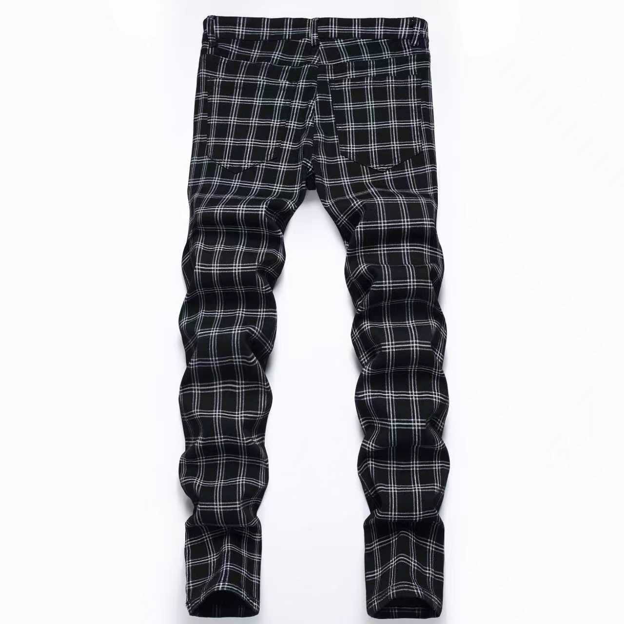 Men's Jeans Men's Vintage Plaid Black & Yellow Skinny Pants - Classic Slim - Fit Trendy Trousers DH819-2-3