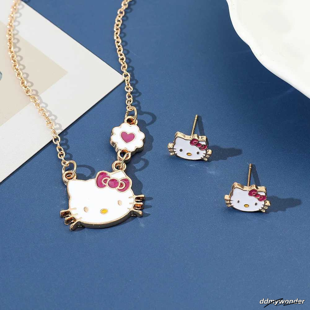 Charming Kitty Jewelry Set - Cute Animal Stud Earrings And Pendant Necklace For Children's Festive Gifts