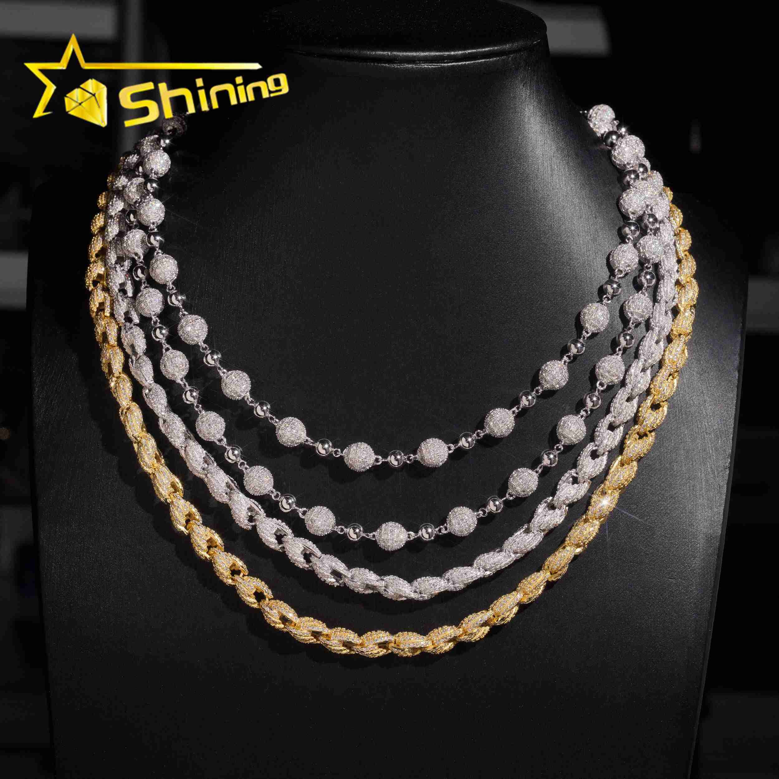 New Arrivals Hip Hop Style Iced Out 925 Silver Rope Chain Ball Necklace Moissanite Diamond Chain