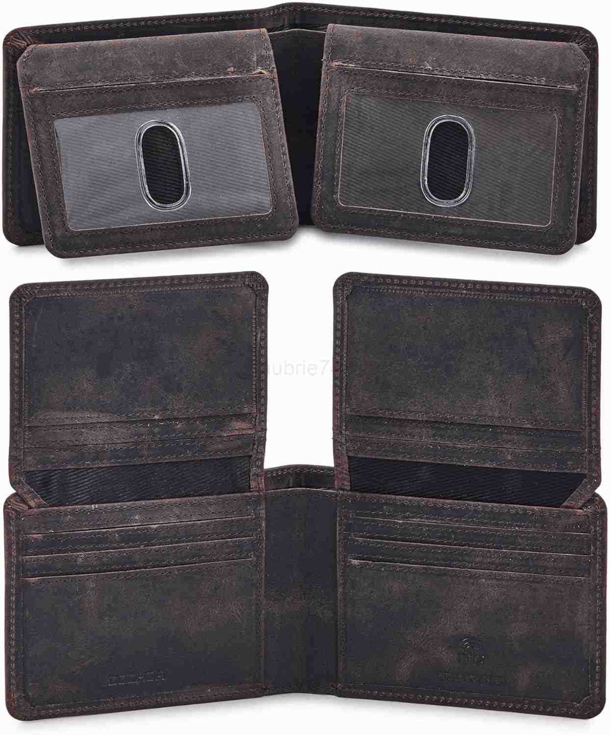 Mens Wallet Real Leather Bifold RFID Blocking High Capacity Card Case with 2 ID Window in Gift Box Crazy Horse BlackZ250910