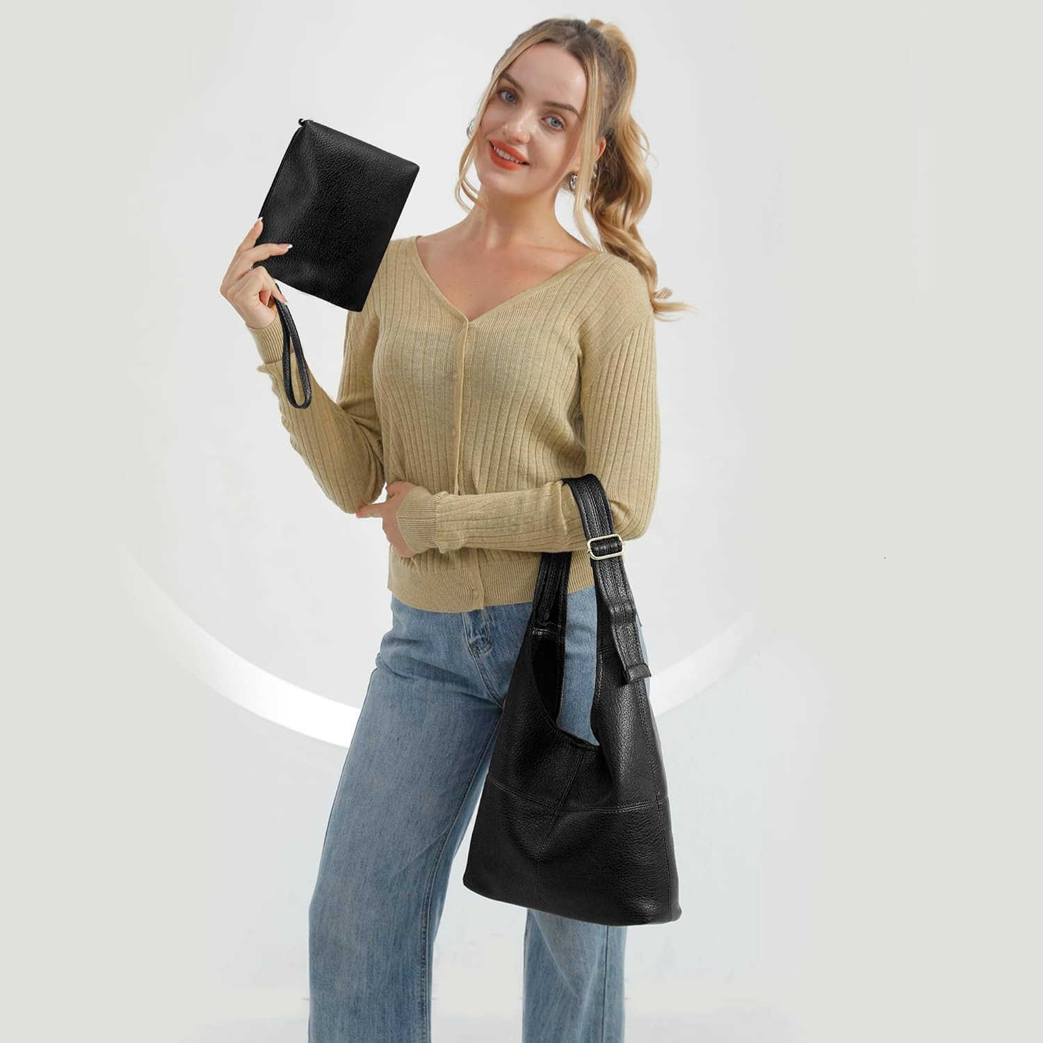 Hobo Bag Purse for Women Ultra Soft Foldable Shoulder Slouchy Handbags with Cosmetic bag M250910